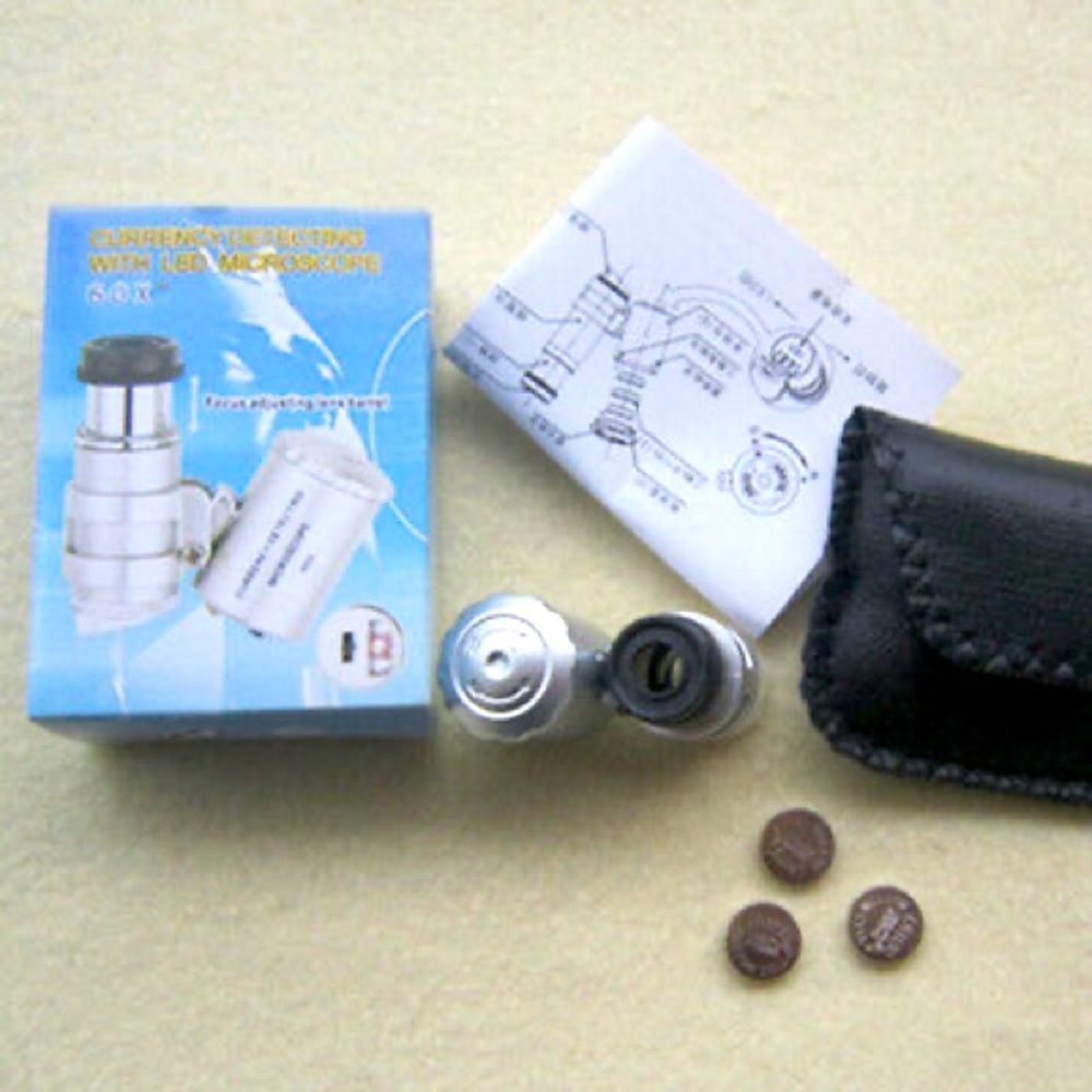 hold-60X Pocket Magnifier Microscope Jewelry Loupe Glass LED Uv Currency Light